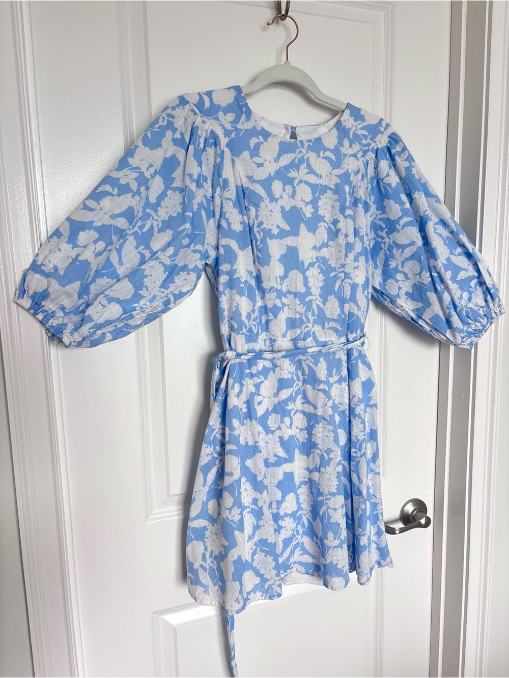Premier Amour 100% Cotton Blue White Floral Puff Sleeve Tie Waist Dress Small 4